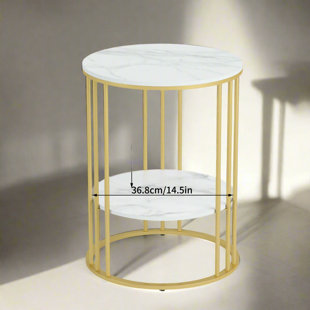 Round Marble Accent Table - Gold Frame, 2-Tier Nightstand