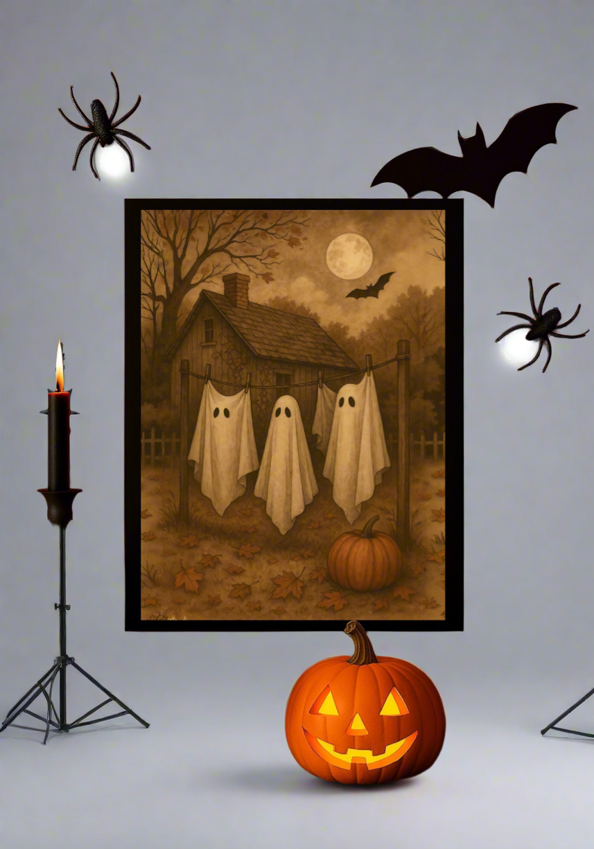 Three Ghosts on Clothesline β Vintage Haunted Farmhouse Halloween Wall Art