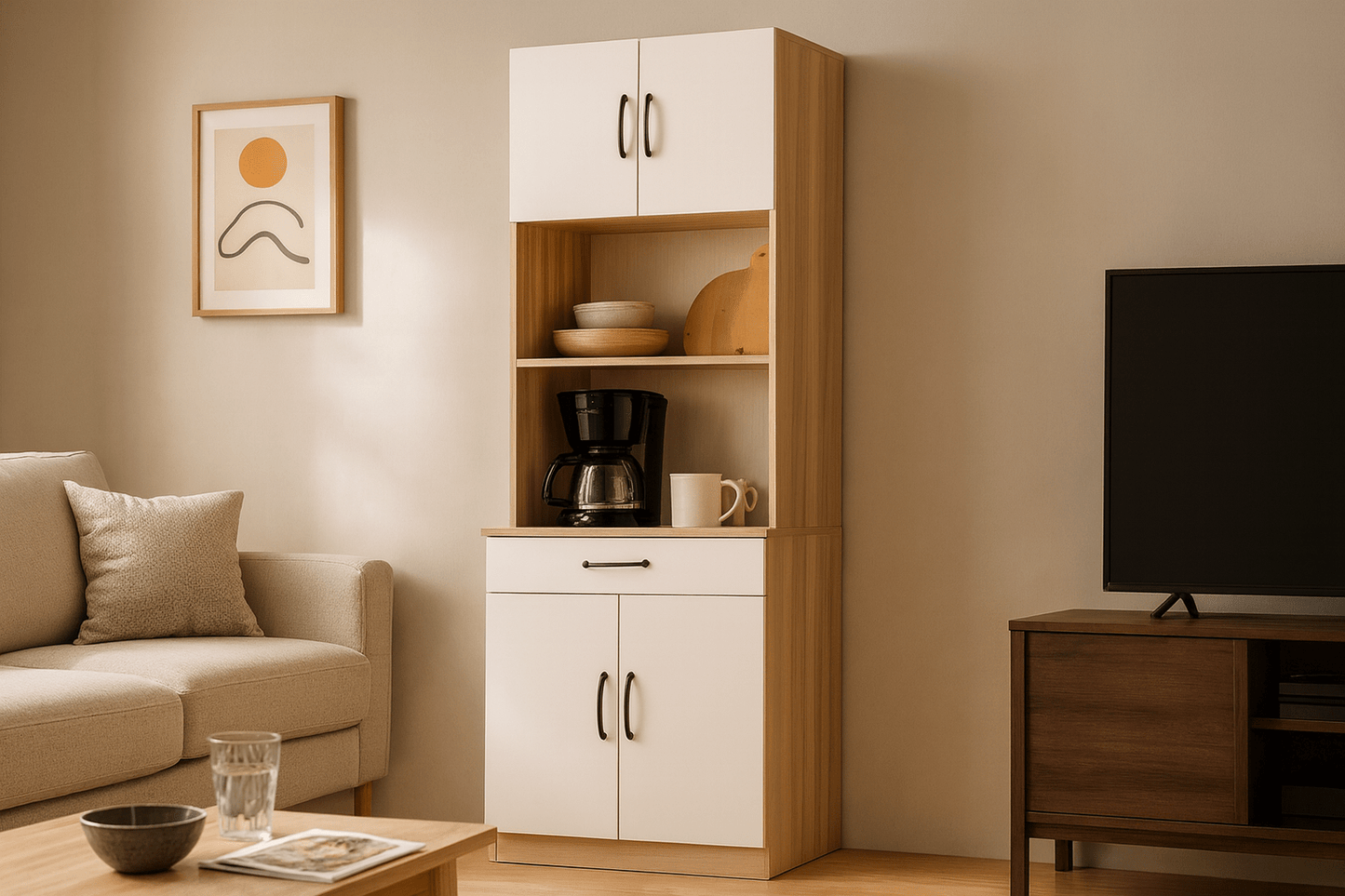 Minimalist storage cabinet beautifully integrated in modern room setting with natural lighting showing contemporary styling