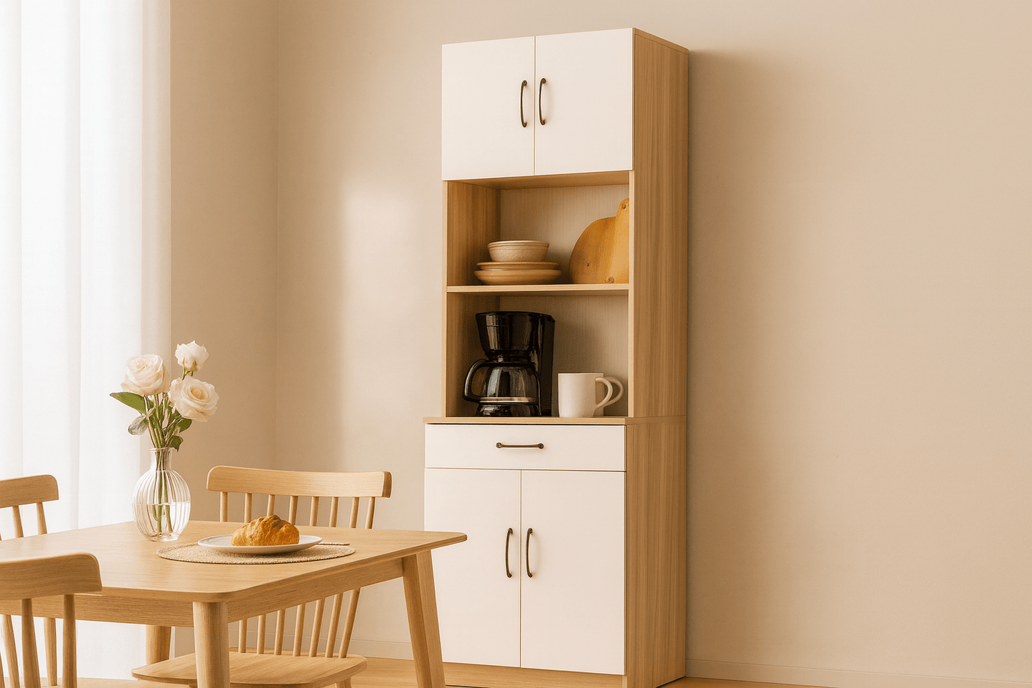Side view of minimalist high storage cabinet showcasing clean lines and elegant proportions ideal for space-saving storage