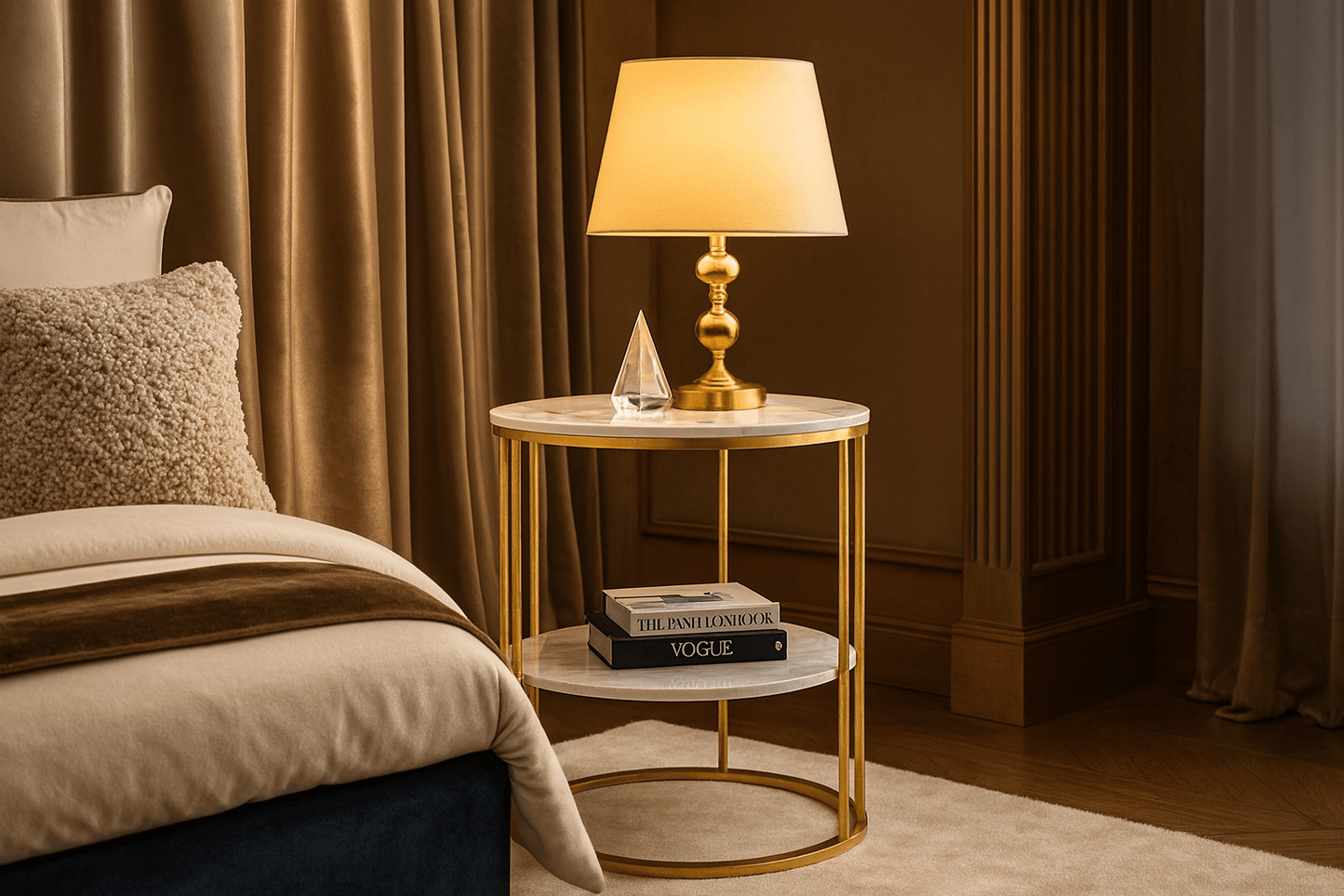 Marble nightstand with gold frame beautifully styled in elegant bedroom setting showing versatile bedside table functionality