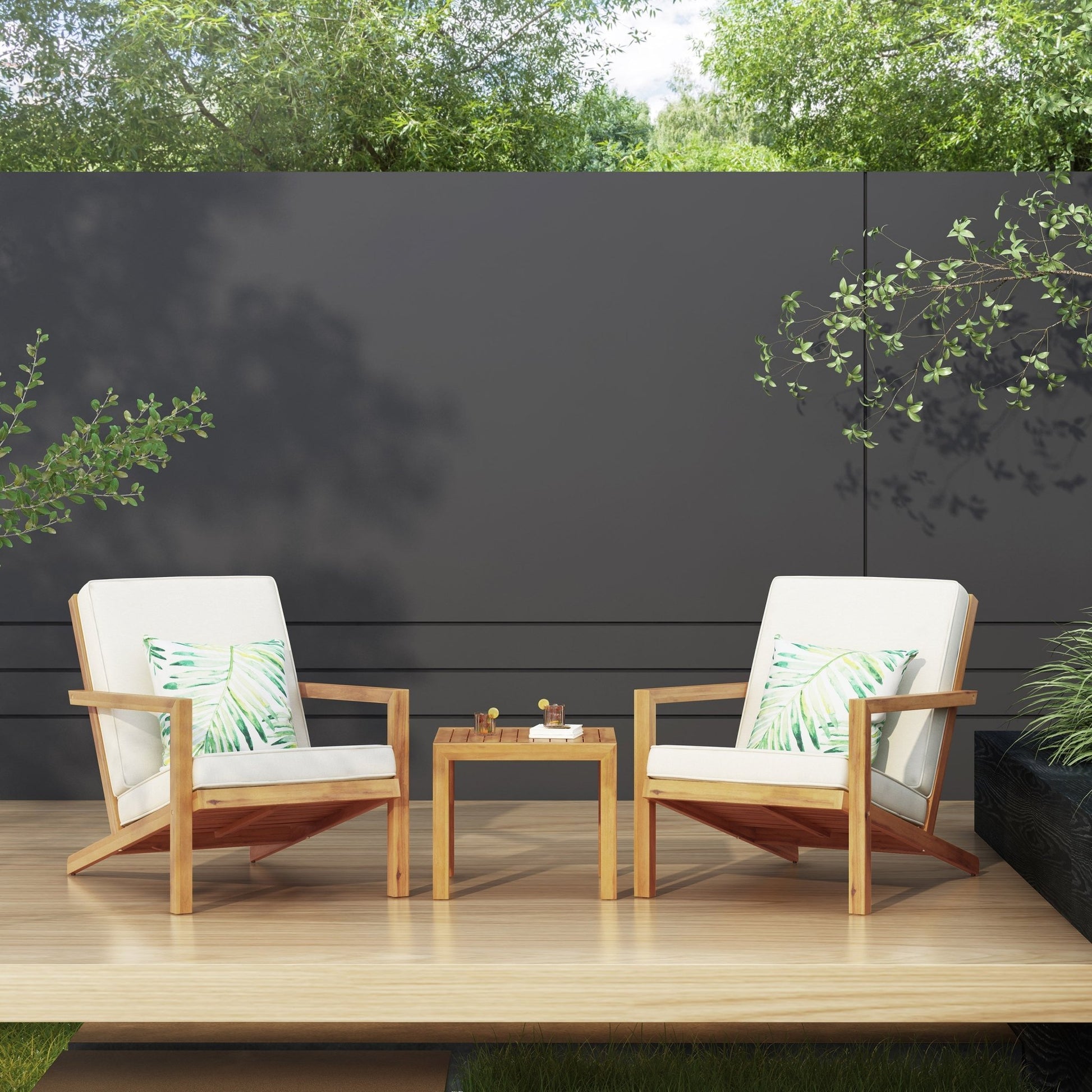 3 piece acacia wood outdoor furniture set on patio