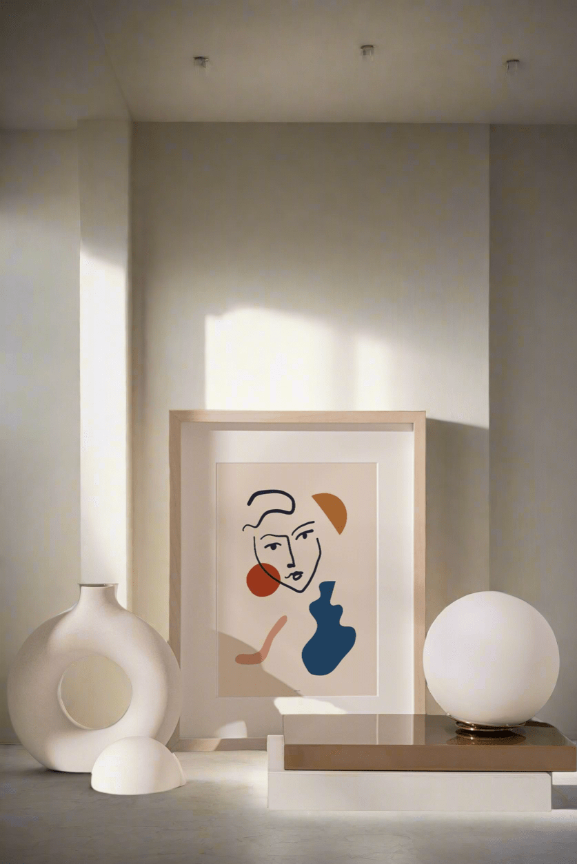 Modern abstract organic doodles artwork beautifully displayed in stylish interior setting showing placement ideas