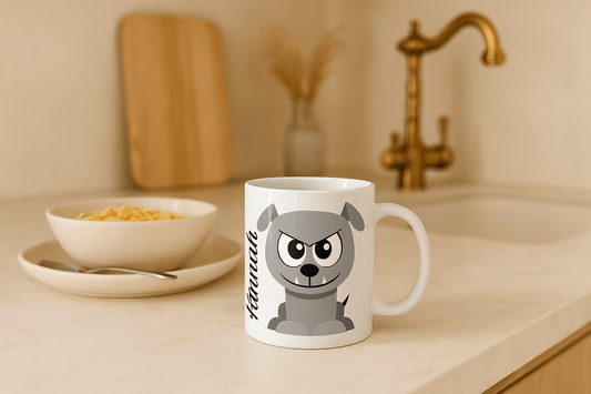 Close-up view of adorable bulldog design on personalised ceramic mug showing detailed artwork and custom name placement