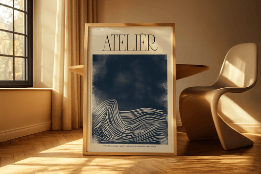French indigo abstract wall art in modern living room