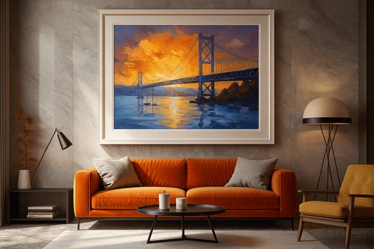 Bridge tower canvas painting featuring dramatic architectural design perfect for contemporary living room decor