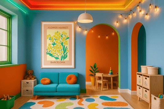 Flower Market Barcelona art print displayed in colorful modern living room interior