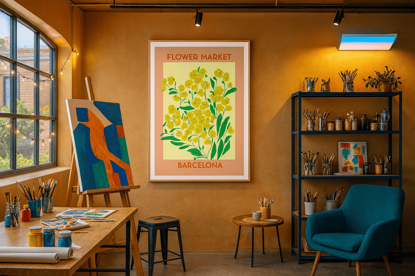 Barcelona flower market artistic print shown in contemporary home office setting