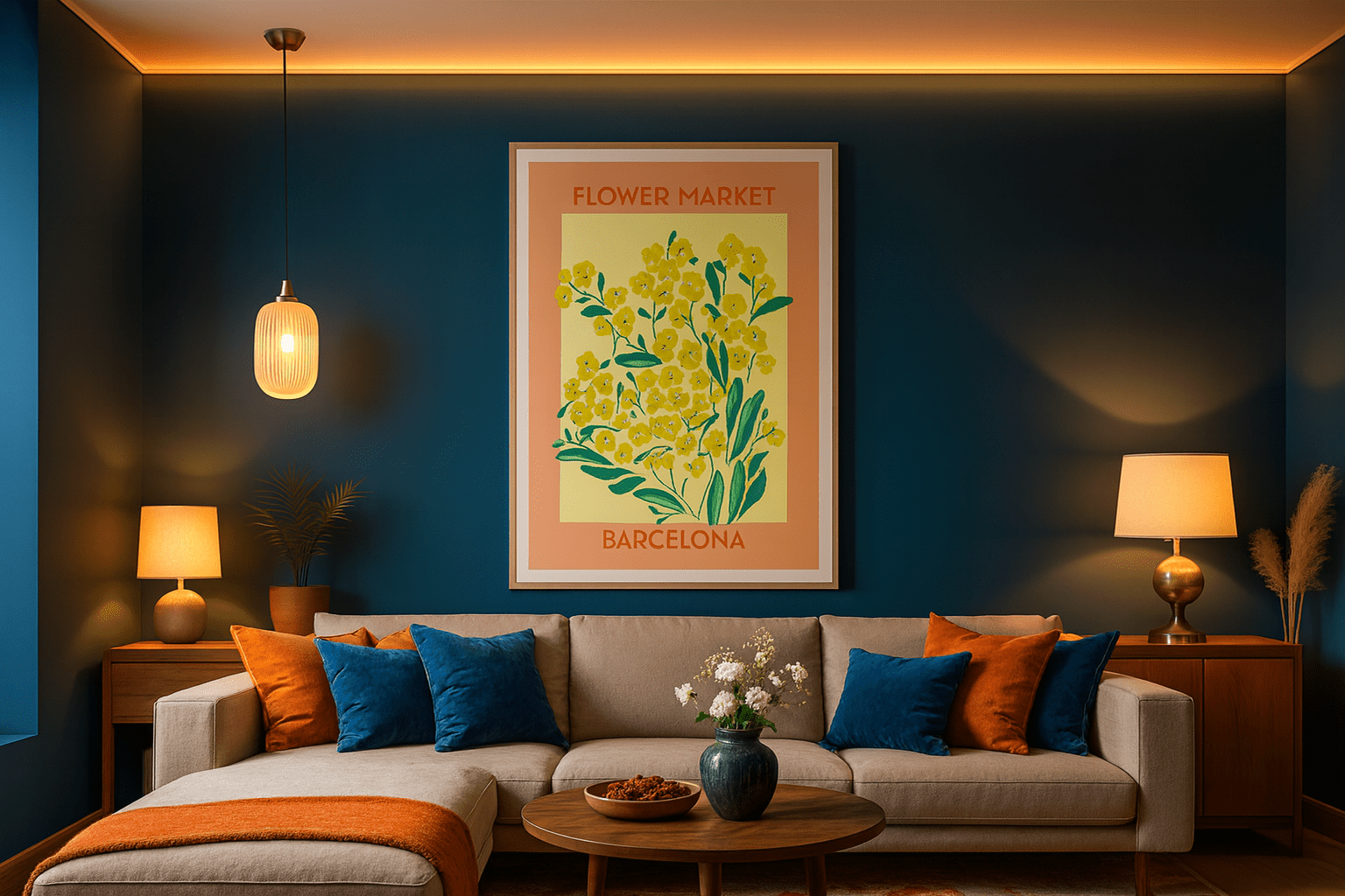 Barcelona flower market poster displayed in sophisticated dark interior design