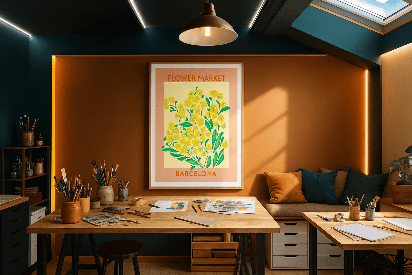 Flower Market Barcelona wall art in elegant dining room with warm lighting