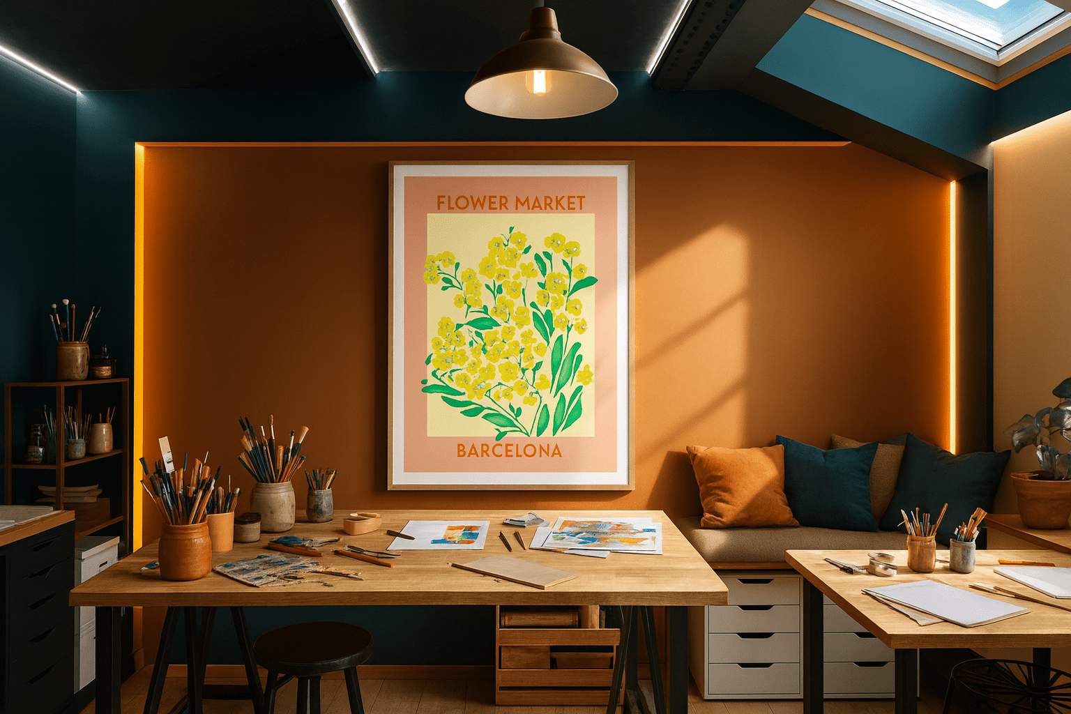 Flower Market Barcelona wall art in elegant dining room with warm lighting