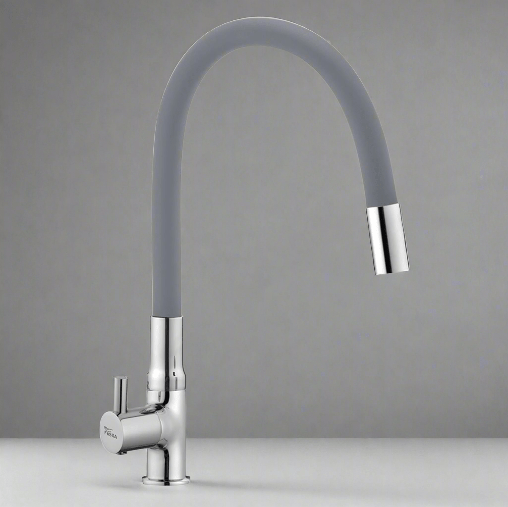 Fossa Orbit 20 inch swan neck faucet showing chrome finish and grey silicon spout tip