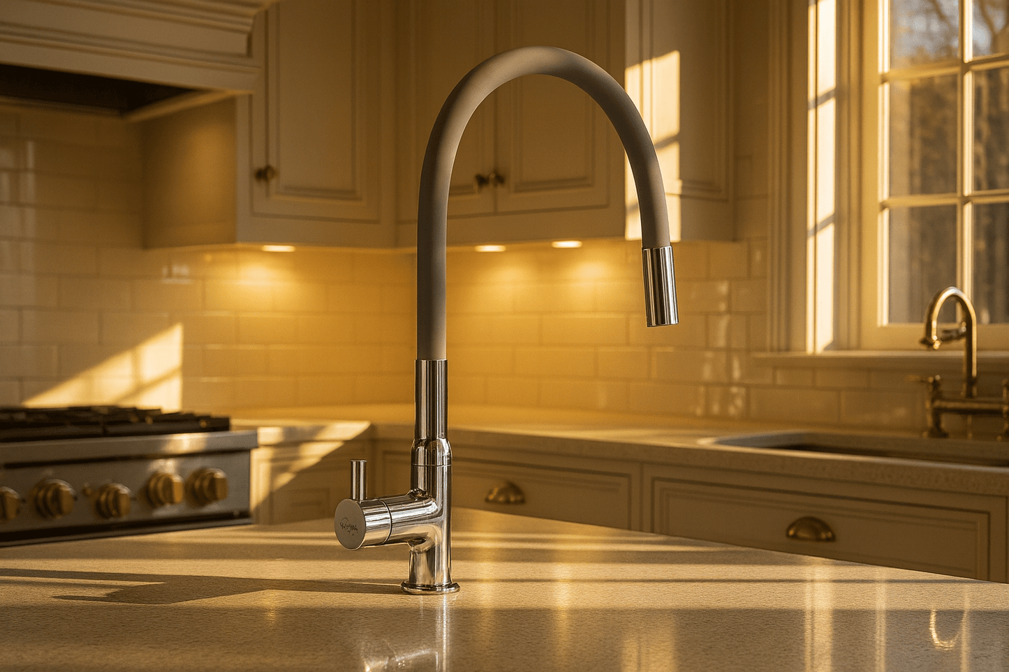 Fossa Orbit chrome faucet with 360° rotation in contemporary kitchen with marble backsplash
