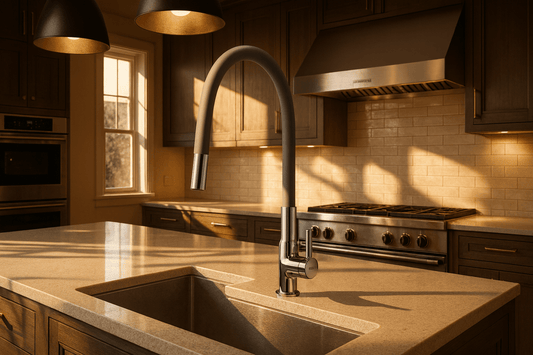 Fossa Orbit swan neck faucet installed in warm wooden kitchen with granite countertops