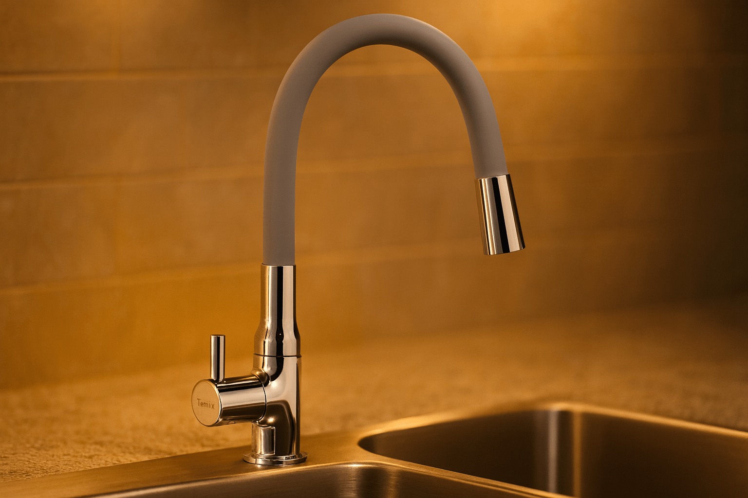 Close-up of Fossa Orbit kitchen faucet with flexible spout over stainless steel sink