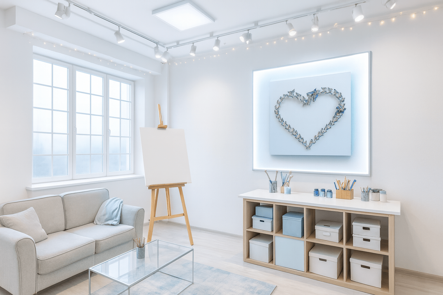 Heart of Love and Life white wall art hanging in bright white living room with minimalist furniture and natural light