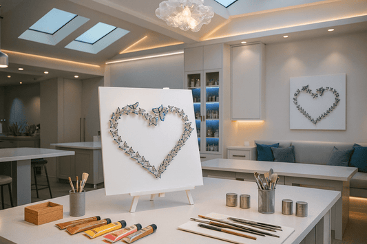 Heart of Love and Life white wall art displayed in modern kitchen with wooden cabinets and marble countertops