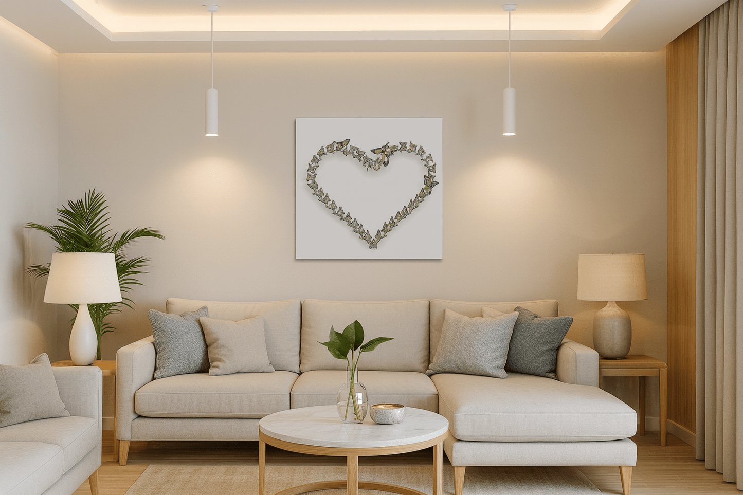 Heart of Love and Life white wall art mounted above beige sofa in cozy living room with neutral decor