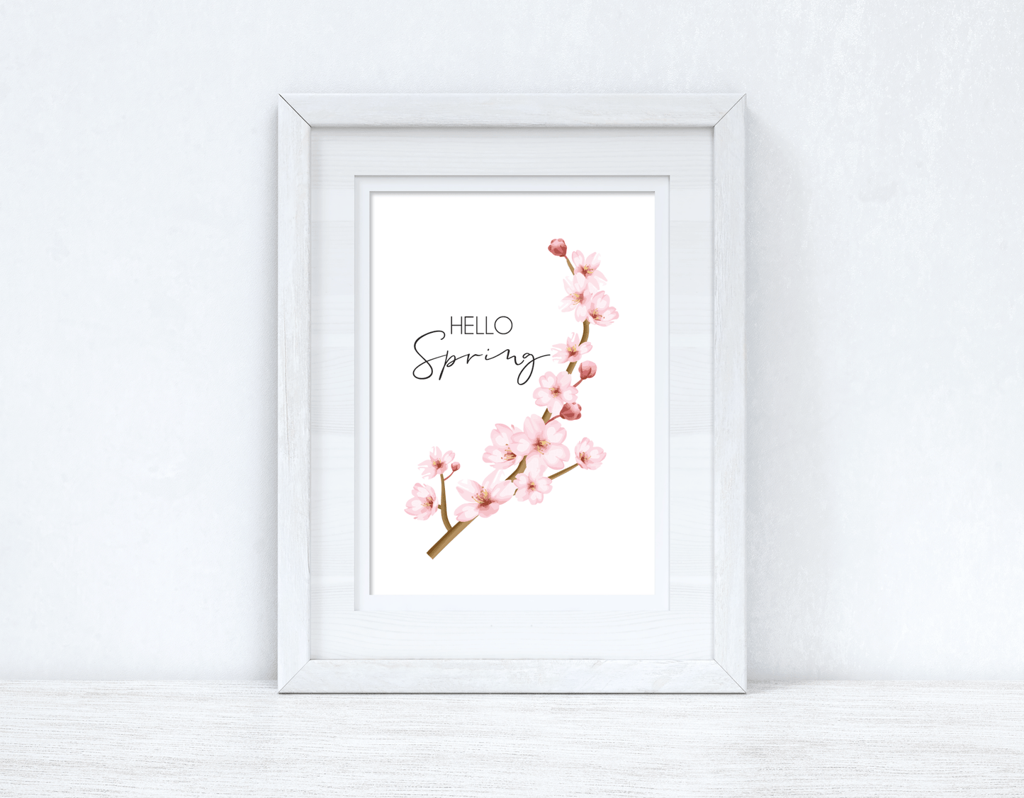 Close-up detail of Hello Spring cherry blossom print showing beautiful pink floral artwork and spring typography design