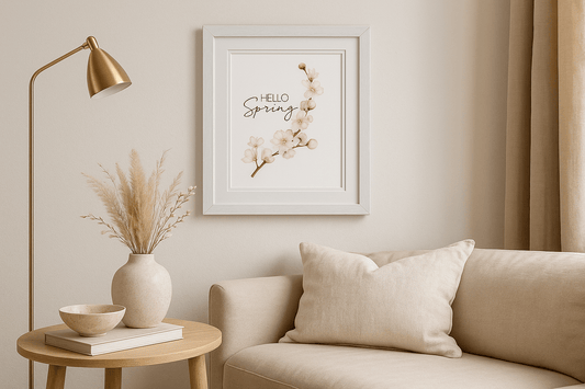 Hello Spring cherry blossom print in white frame showing delicate pink cherry blossoms design