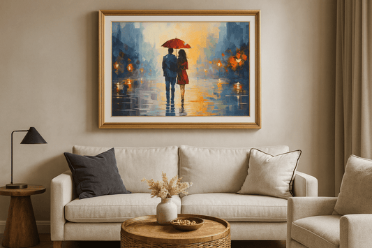 Black and white romantic couple with umbrella canvas art print perfect for contemporary wall decor