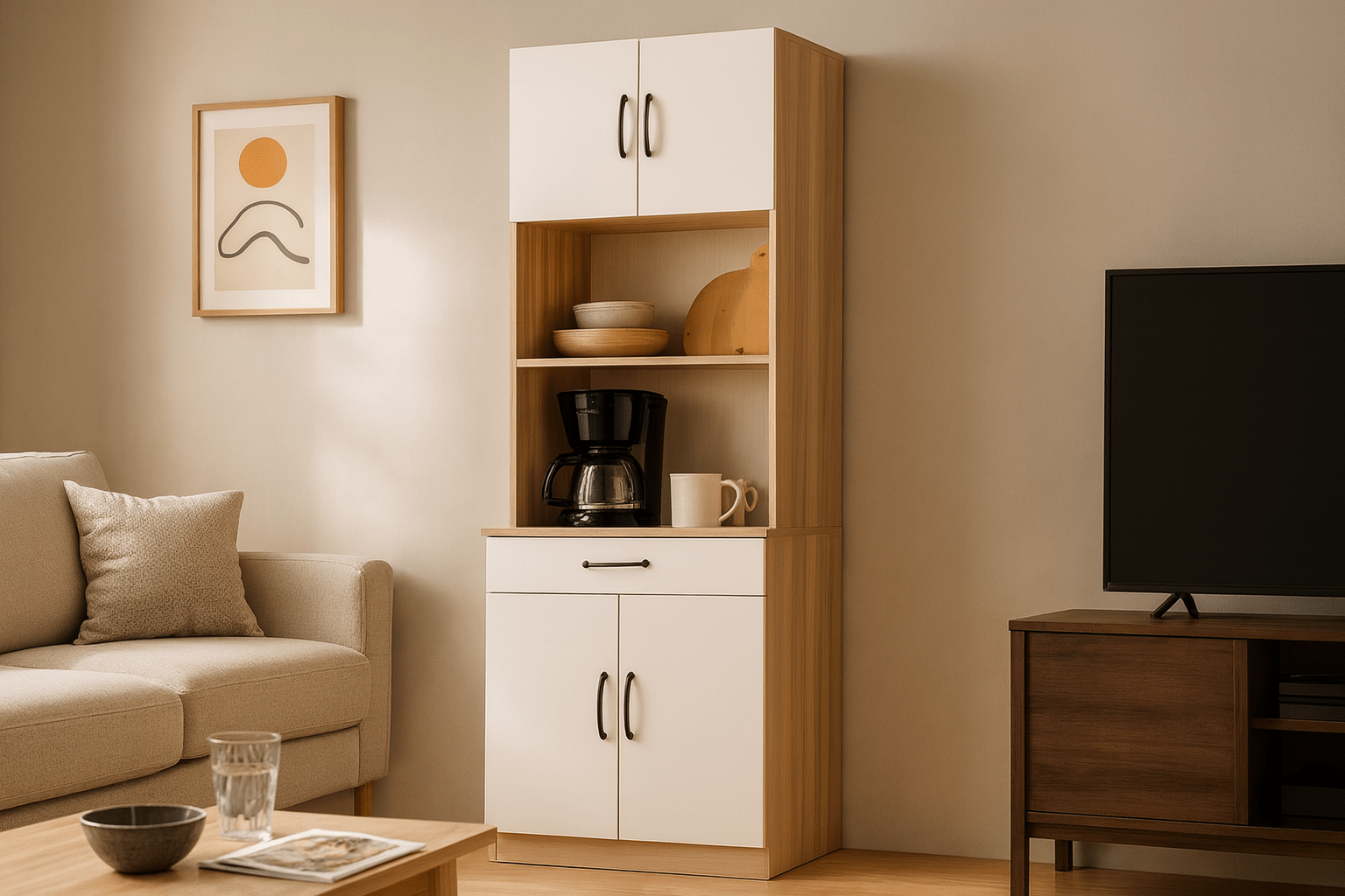 Minimalist storage cabinet beautifully integrated in modern room setting with natural lighting showing contemporary styling