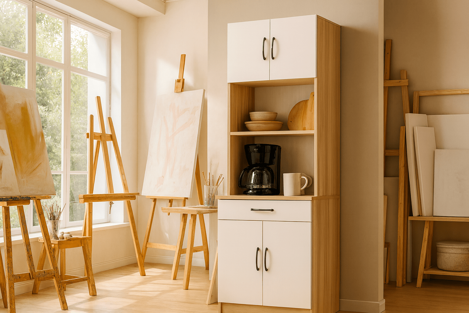 "Interior view of high storage cabinet revealing multiple adjustable shelves for versatile organization solutions