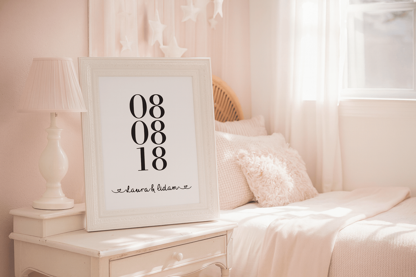 "Custom anniversary wall print showcasing special date and couple names ideal for romantic bedroom decoration