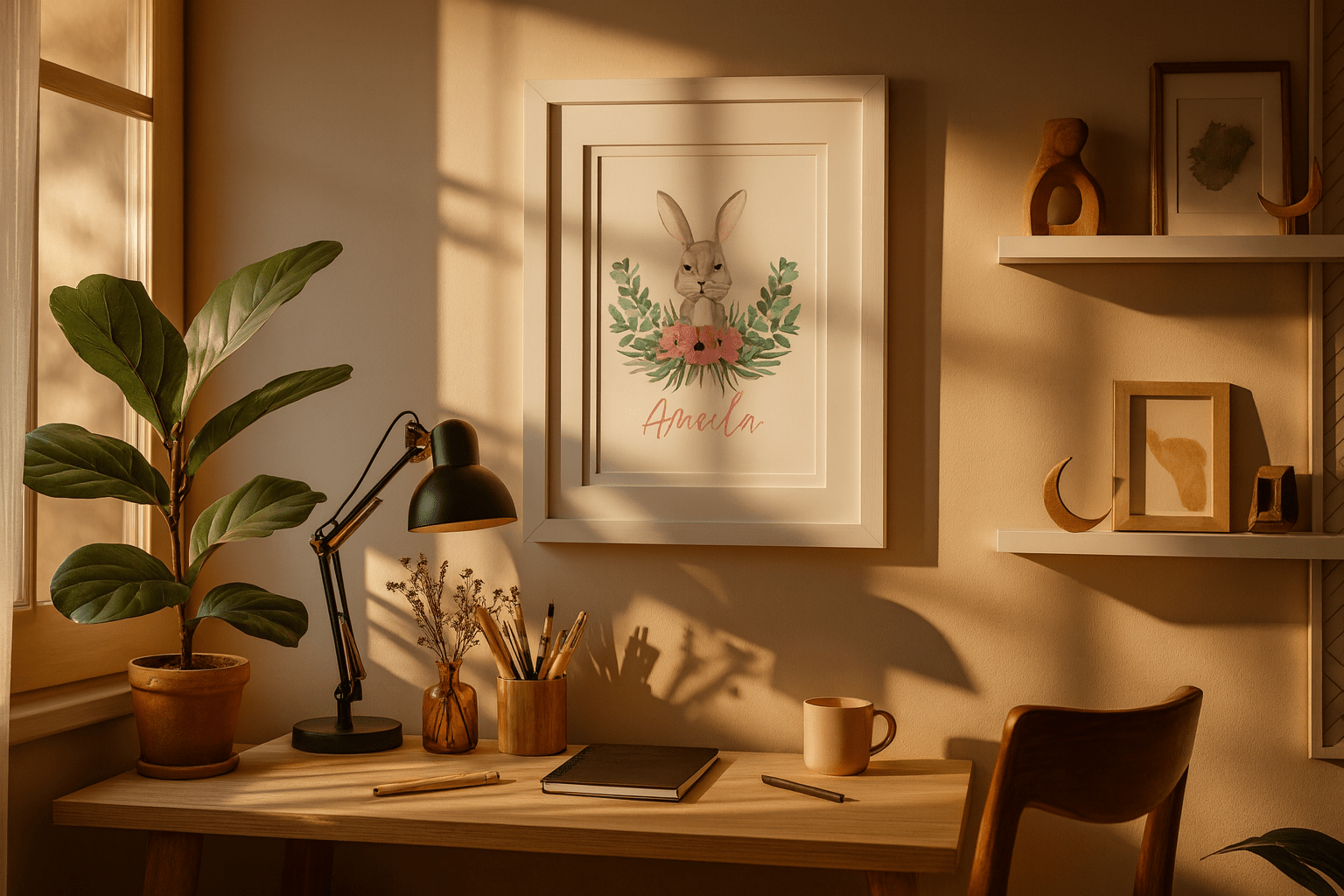 Personalised pink floral bunny Easter wall print with custom wording perfect for kids room decor and spring decoration