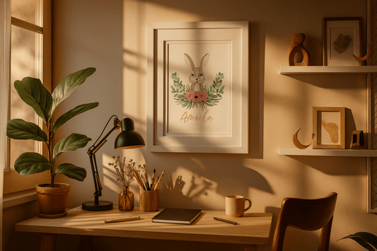 Personalised pink floral bunny Easter wall print with custom wording perfect for kids room decor and spring decoration