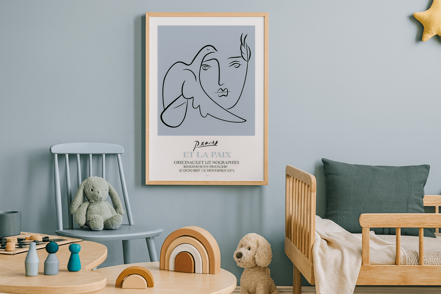 Picasso-inspired man and dove poster in blue contemporary style