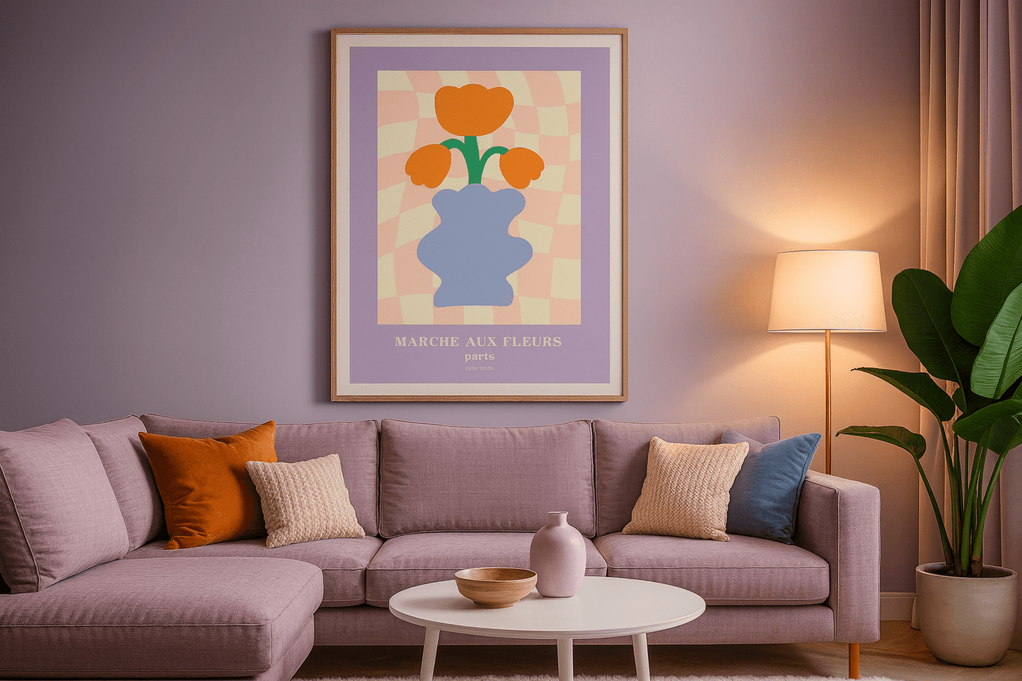 Vintage flower market print in cozy bedroom decor