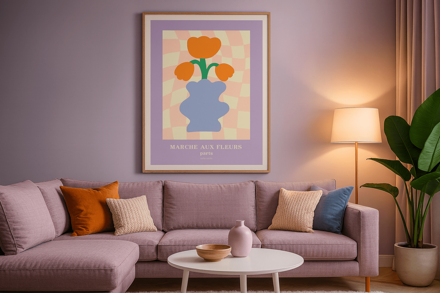 Vintage flower market print in cozy bedroom decor