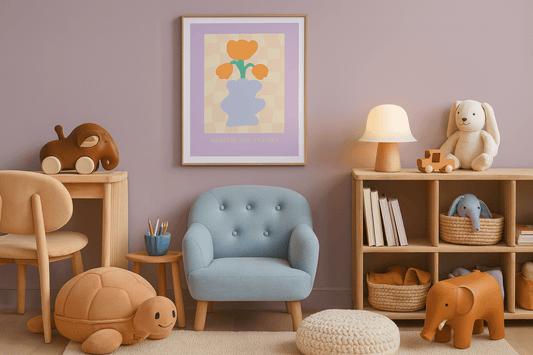 Retro flower market wall art in modern living room