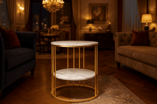 Round marble accent table with elegant gold frame featuring 2-tier design perfect for luxury home decor