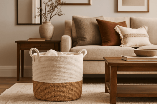 "Natural woven Savar storage basket with convenient side handle perfect for stylish home organization
