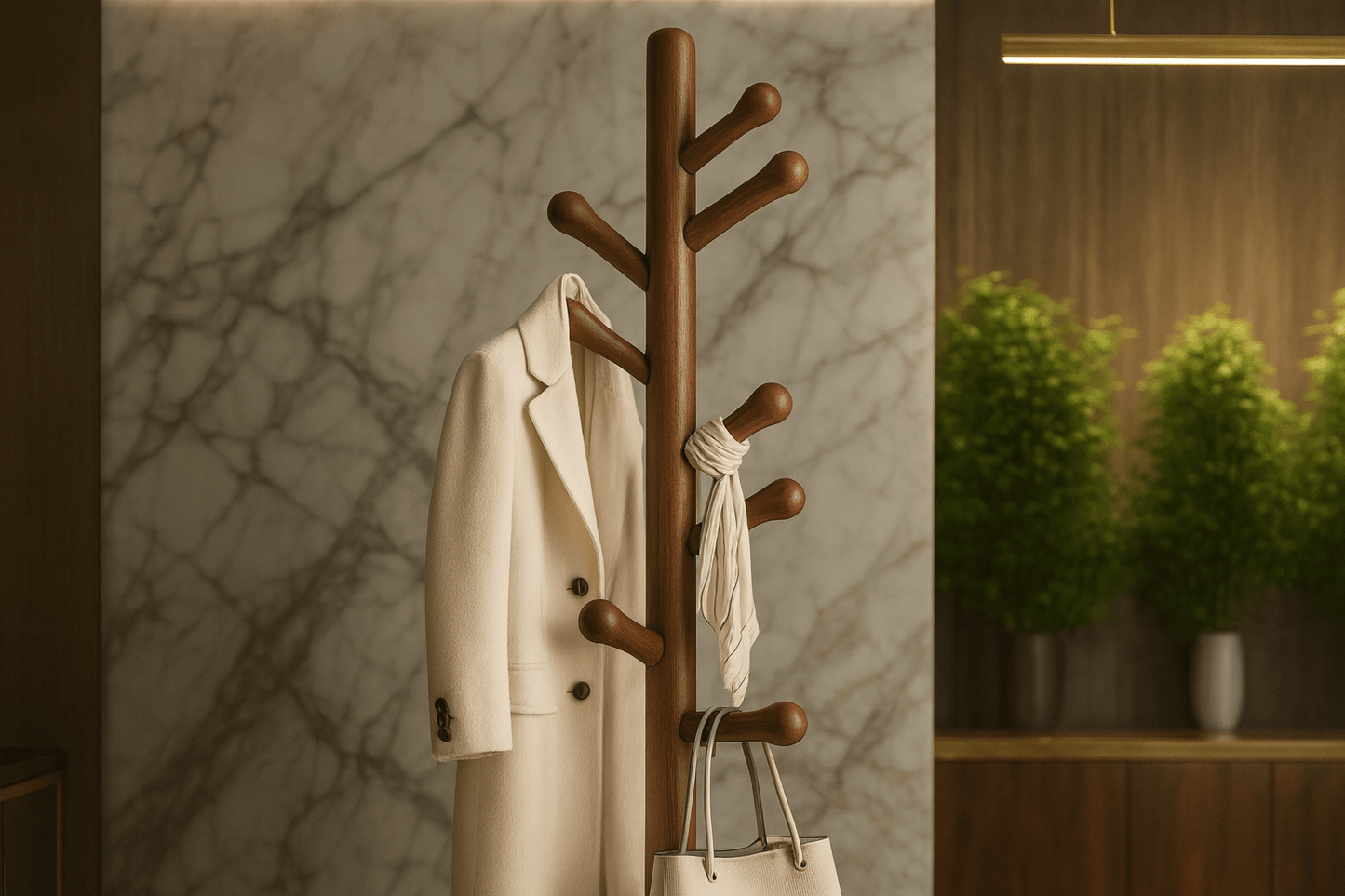 Full view of 10-hook walnut floor coat rack against white background