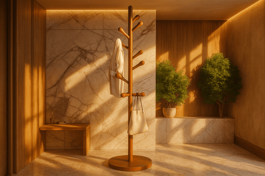 Solid walnut wood floor coat rack with 10 hooks in modern entryway