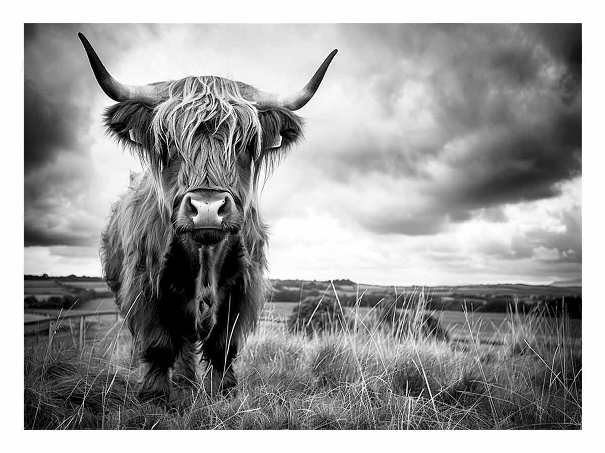 Full canvas view of Stormy the Highland cow artwork available in 100x150cm size ideal for statement wall decor