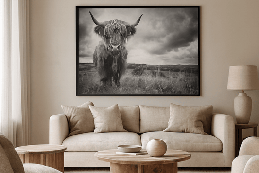 Stormy the Highland cow canvas painting featuring dramatic stormy sky background perfect for rustic home decor
