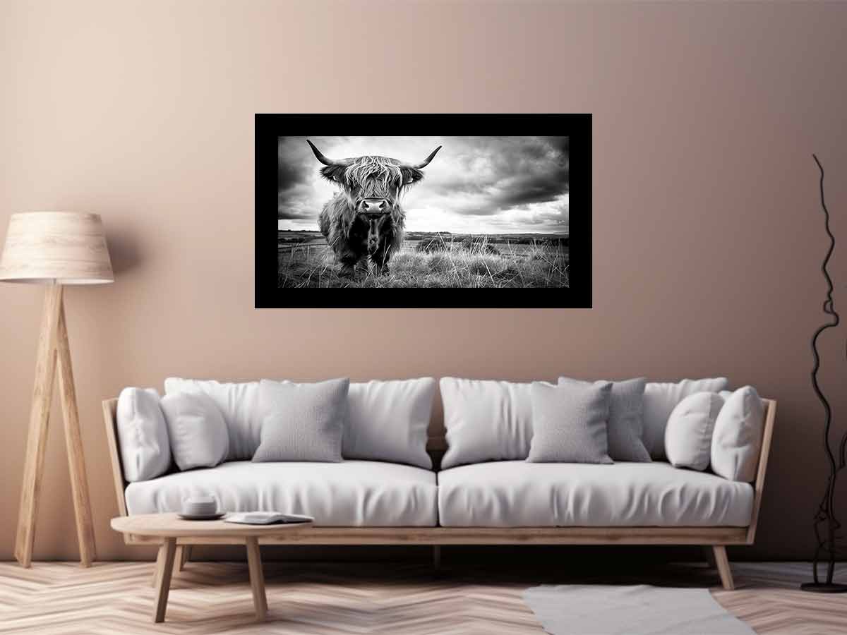 Stormy Highland cow painting beautifully displayed in modern living room setting showing contemporary wall art styling