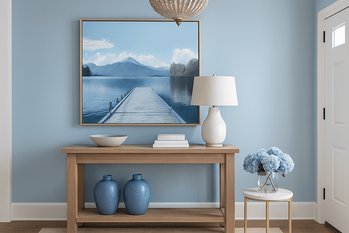 Tranquil jetty canvas art print in soothing blue and white tones perfect for creating peaceful home atmosphere