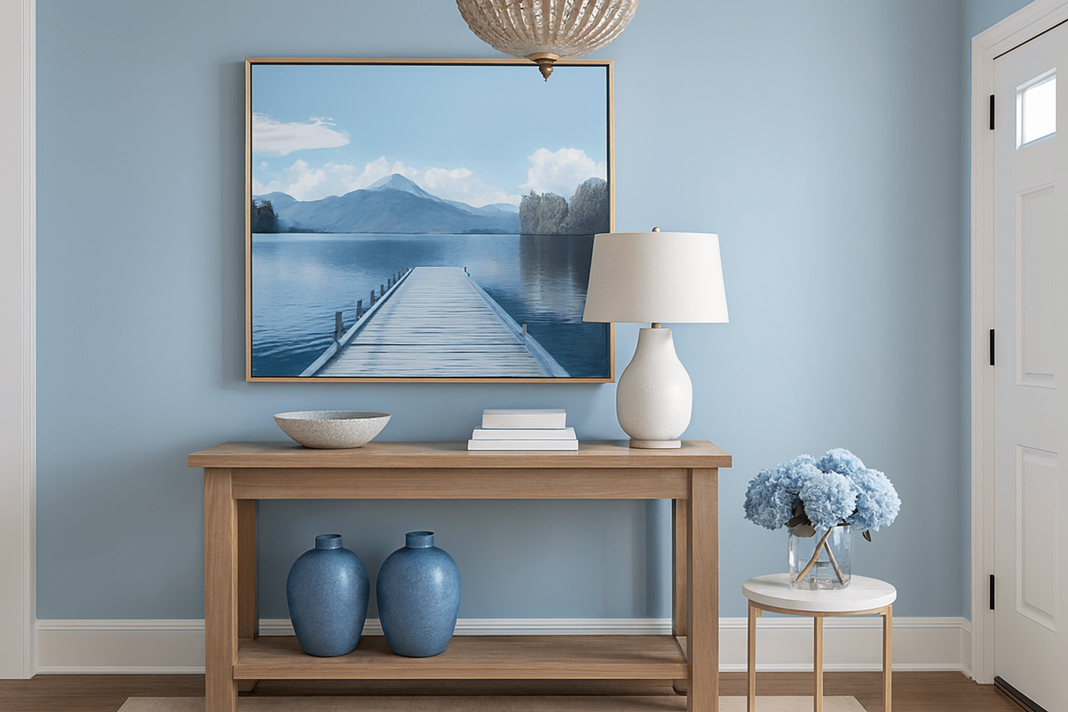 Tranquil jetty canvas art print in soothing blue and white tones perfect for creating peaceful home atmosphere