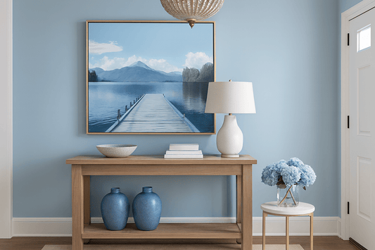 Tranquil jetty canvas art print in soothing blue and white tones perfect for creating peaceful home atmosphere