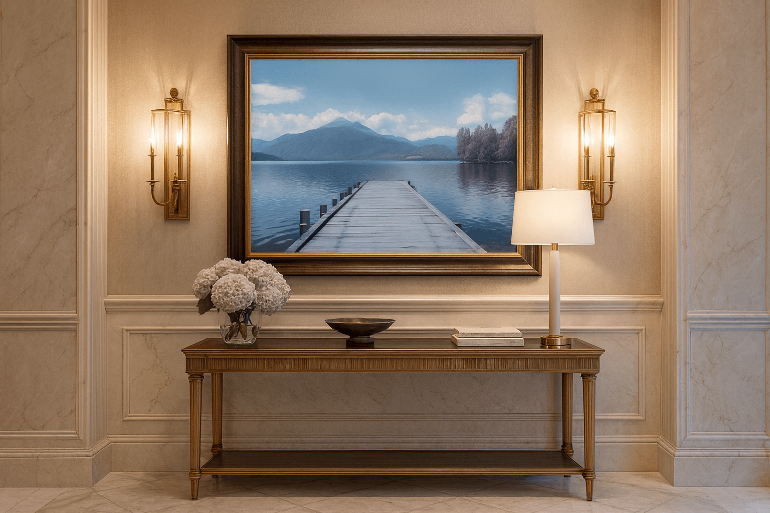 Tranquil jetty canvas artwork beautifully displayed in serene living room setting showing calming wall decor inspiration