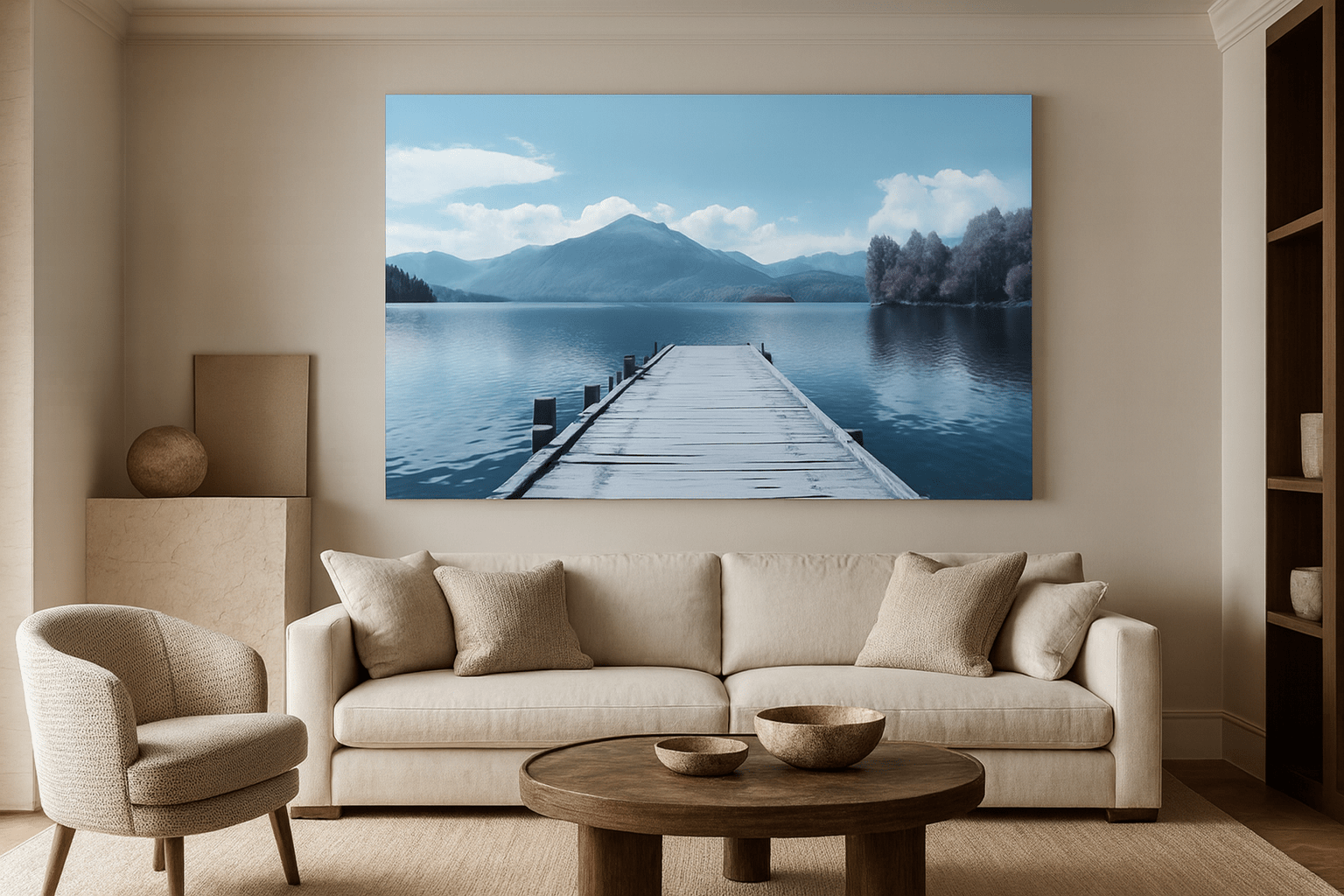 Tranquil water scene canvas print featuring peaceful jetty view ideal for calming wall art decor