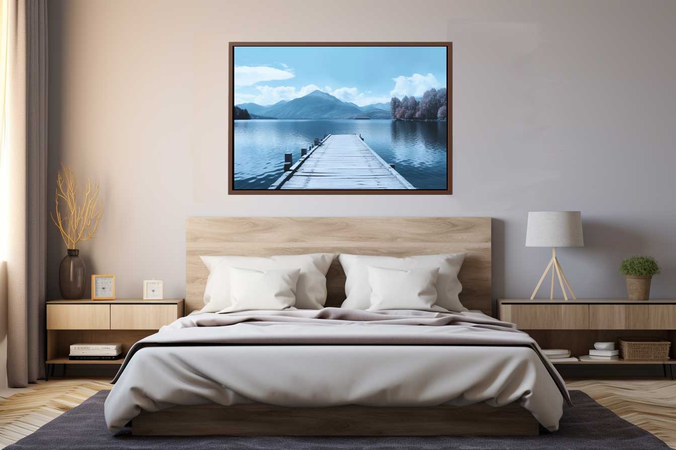Peaceful jetty canvas artwork with serene water reflections perfect for meditation and relaxation spaces